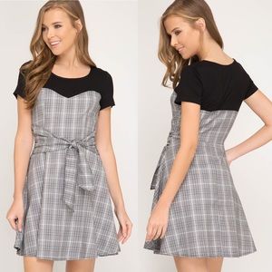 STORE CLOSING SALE! Tie Waisted Dress in Black and Gray Plaid Medium
